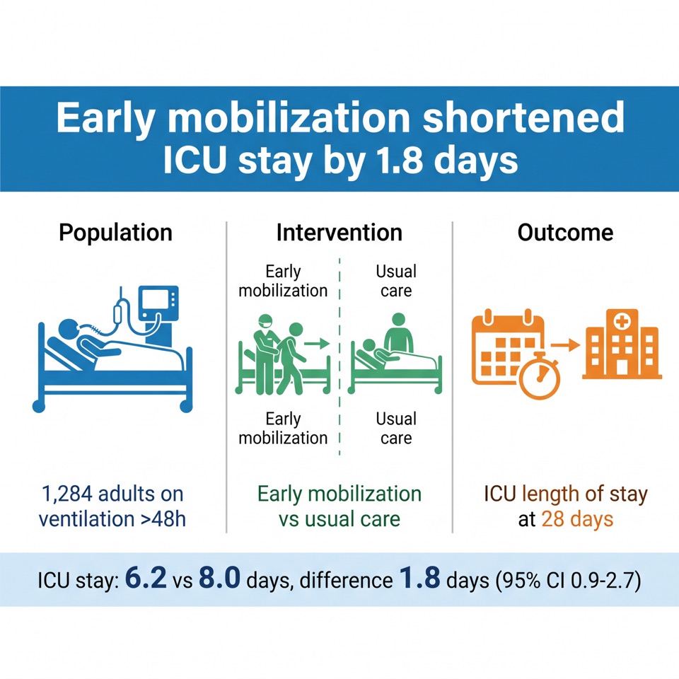 Visual abstract example for an ICU early mobilization trial, three panels: population, intervention, outcome