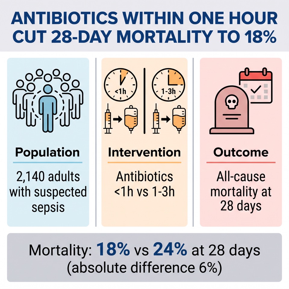 Visual abstract example for a sepsis antibiotic timing study, three panels with 28-day mortality