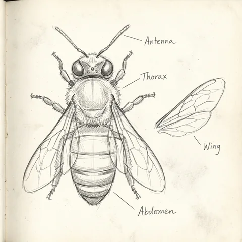 Hand-drawn notebook sketch of a bee with its parts labelled
