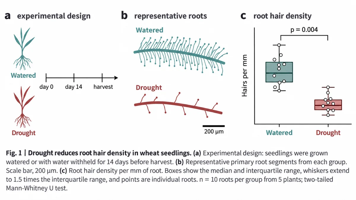 Three-panel figure of drought and root hair density in wheat, with its legend