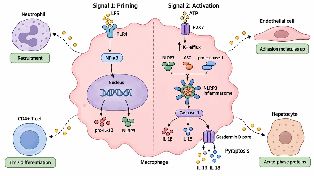 Mechanism figure of NLRP3 inflammasome activation in a macrophage: priming, activation, cytokine release and pyroptosis