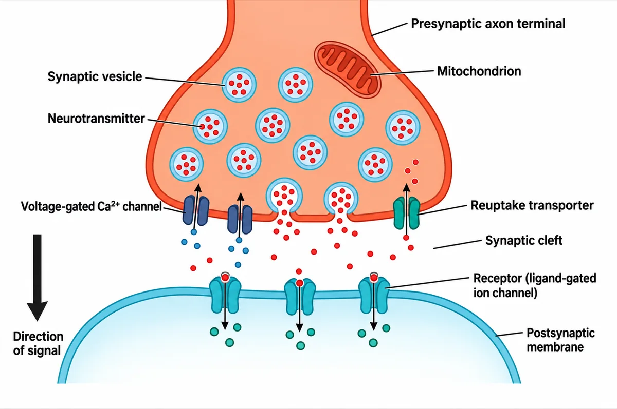 The same synapse diagram recoloured to the Nature journal palette