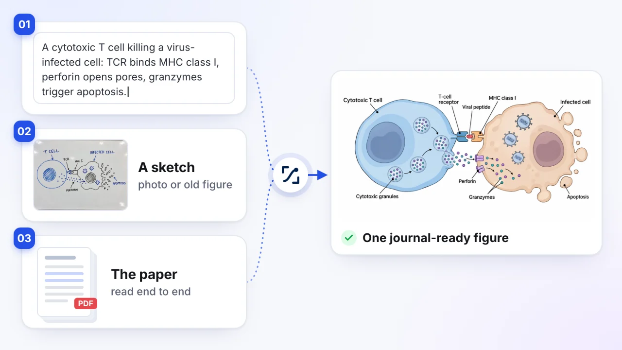 Three starting points — a typed description, a whiteboard sketch and a paper PDF — becoming one journal-ready figure of a T cell killing an infected cell